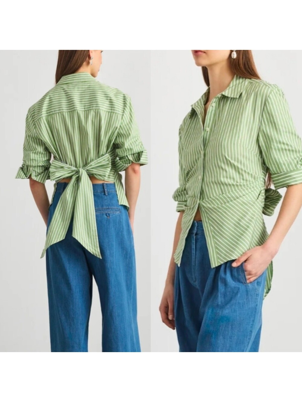 Tanya Taylor Winslet Green Striped Button Front Top Size 12 Back Tie Classy